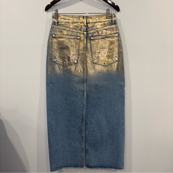 611-Nwt Zara Gold and Blue denim Maxi Skirt Size 28 - Picture 2 of 4